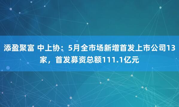 添盈聚富 中上协：5月全市场新增首发上市公司13家，首发募资总额111.1亿元